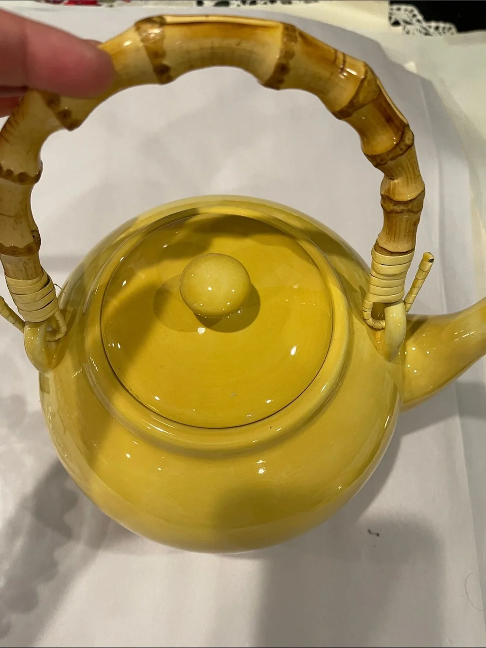 Pottery Barn Sausalito Yellow Ceramic Teapot Bamboo Handle Tea Kettle